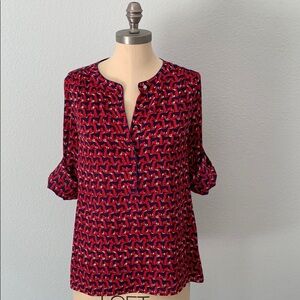 Banana Republic Red Navy Dog Print Blouse Split Neck Long Sleeve Size XS